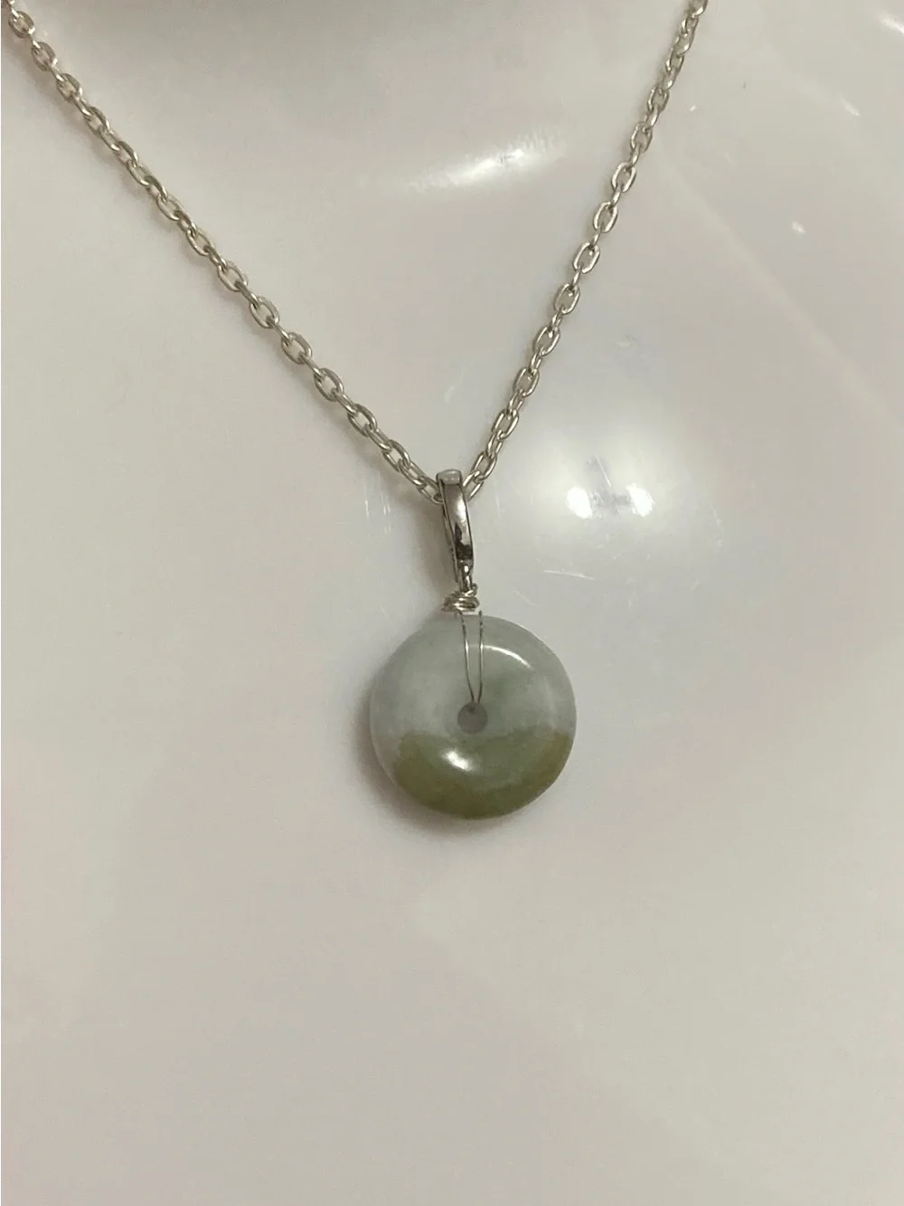 Jade Donut Pendant Necklace - Light Green/White